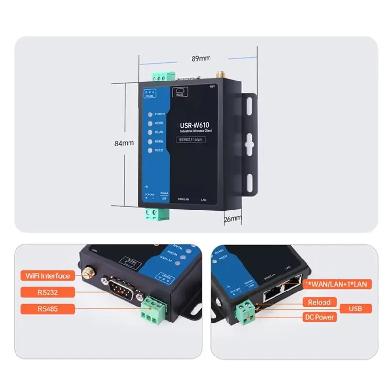 인기 무선 산업용 RS485 RS232-WiFi 변환기 Modbus 게이트웨이 MQTT 프로토콜 USR-W610(Qualcomm) EU 시리얼 클라이언트 EU Pl
