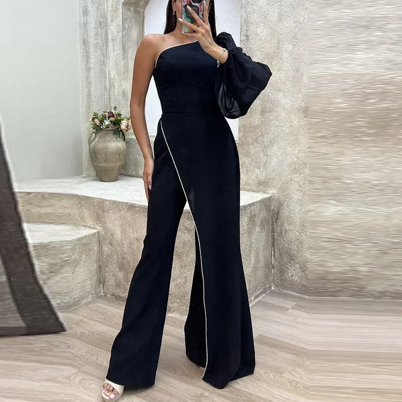 

Women's Jumpsuit Fashion Patchwork High Waist Flare Long Pants Jumpsuit Overall Elegant Skew Collar One Sleeve Mesh Party Romper