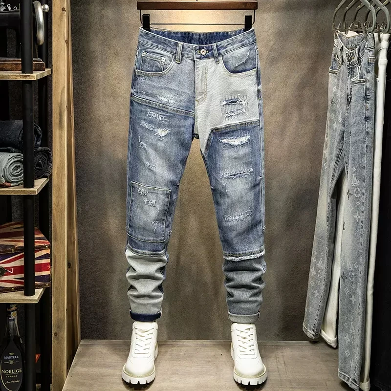Fashion Streetwear Men Jeans Retro Blue Spliced Designer Elastic Slim Fit Ripped Jeans Men Patched Hip Hop Denim Pants Hombre