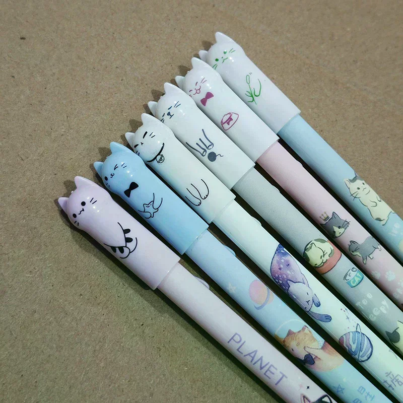 6Pcs 학생 교사 선물 0.5mm 귀여운 고양이 꼬리 지울 수있는 젤 펜 세트 블루 매직 리필 학교 사무실 카와이 쓰기 문구