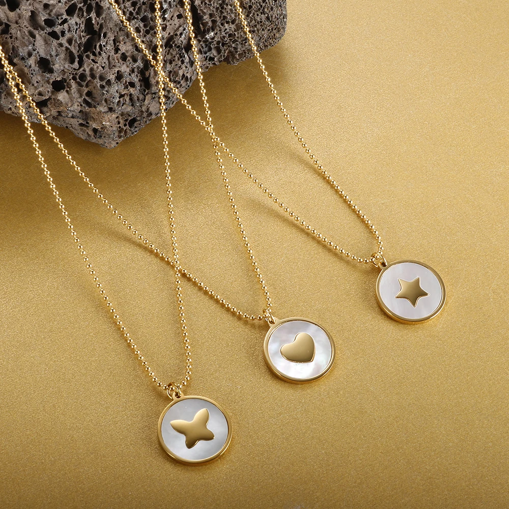 

Natural Shell Charm For Women Stainless Steel Necklace Butterfly Star Heart Pendants Round Bead Chain DIY Jewelry Accessories
