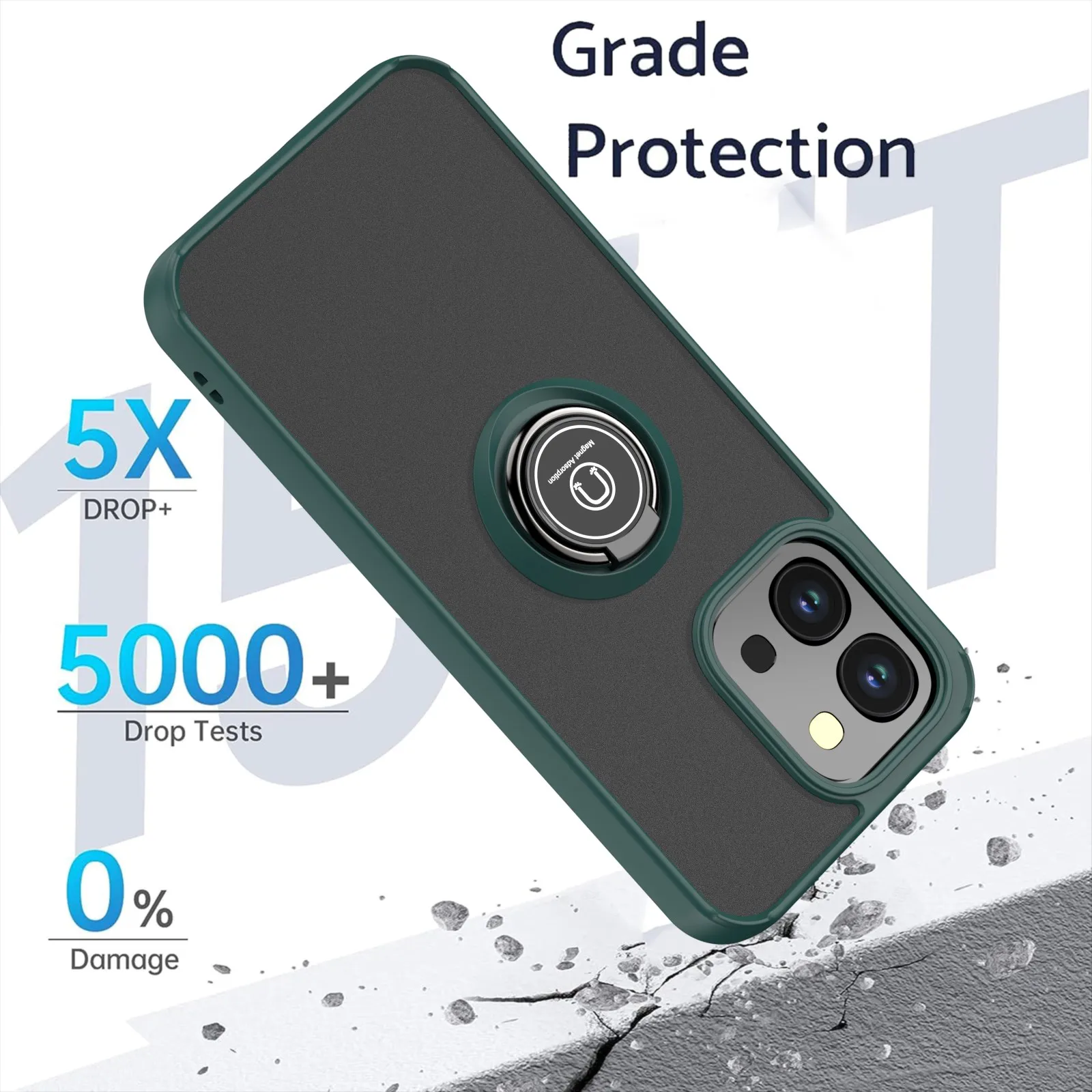 Shockproof Silicone Bumper with Metal Ring Holder - Matte Back Hard Phone Case