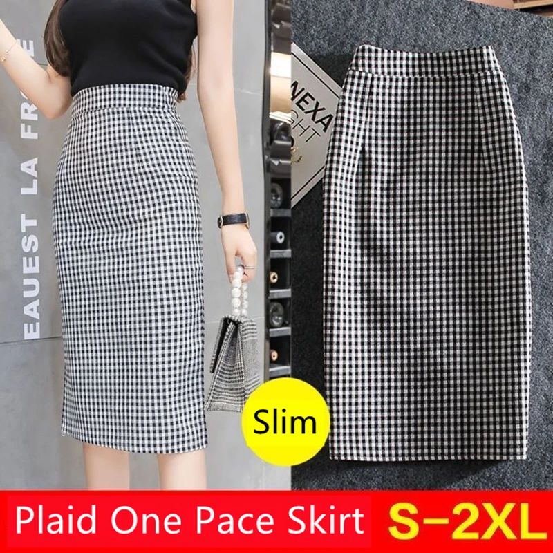 Midi Skirt Korean Fashion Women's Clothing Vintage Plaid Skirt One Pace Wrap Hip Long Skirts Chic Jupe Longue Femme 2022 Summer black pleated skirt