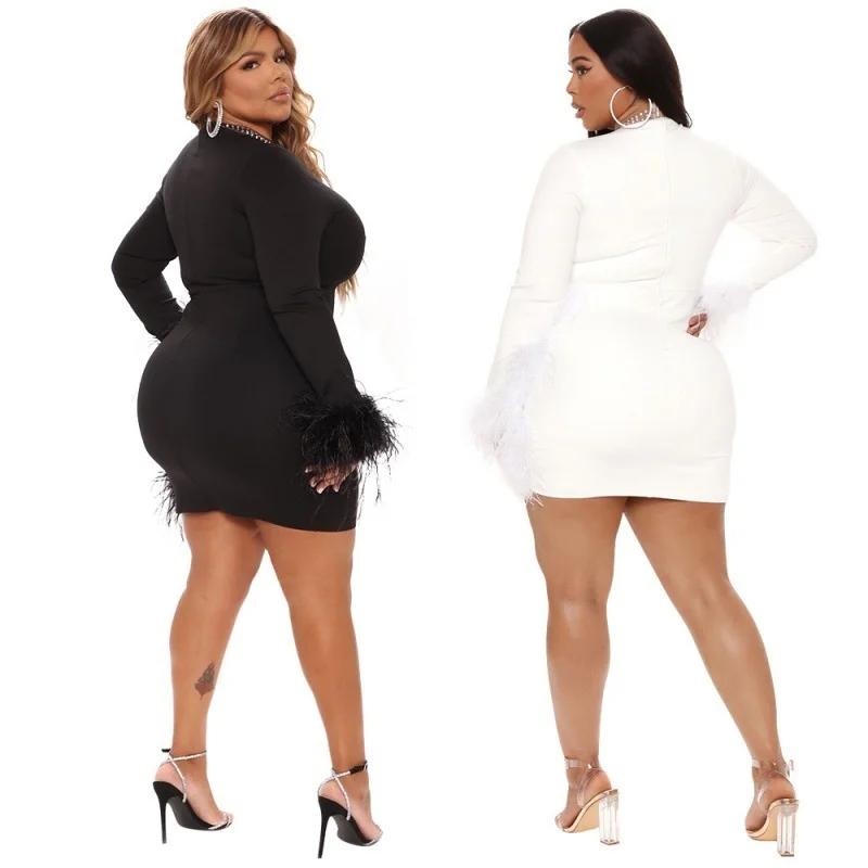 Plus Size Fashion Women Hip Wrapped Short Dress Solid Color Mesh Feather Patchwork Party Nightclub Oversize Dress Summer 2023