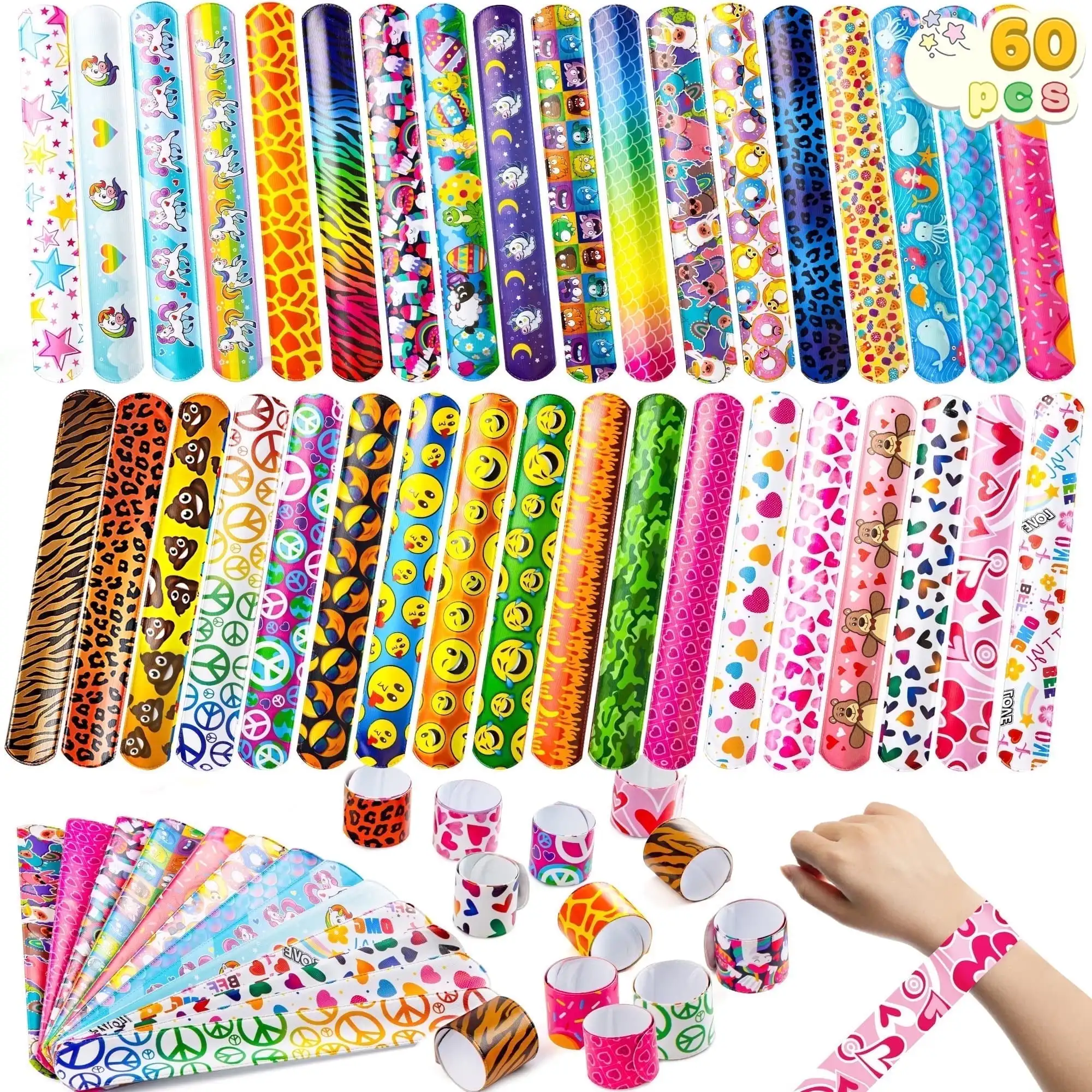 Joyfy 60/144 Slap Bracelets Party Favors Wristbands with 36 Designs for Easter Basket Stuffers Birthday Chirstmas Gifts