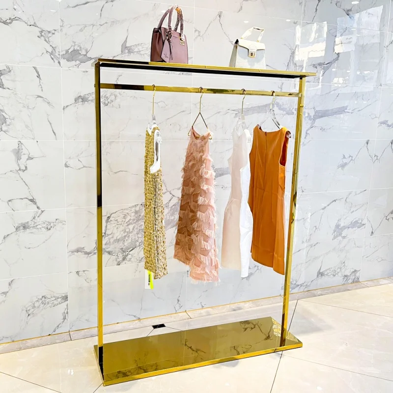 Custom , High Quality Garment Store Gold Display Shelving Furniture Clothing Display Rack Stand Design With Top Shelf
