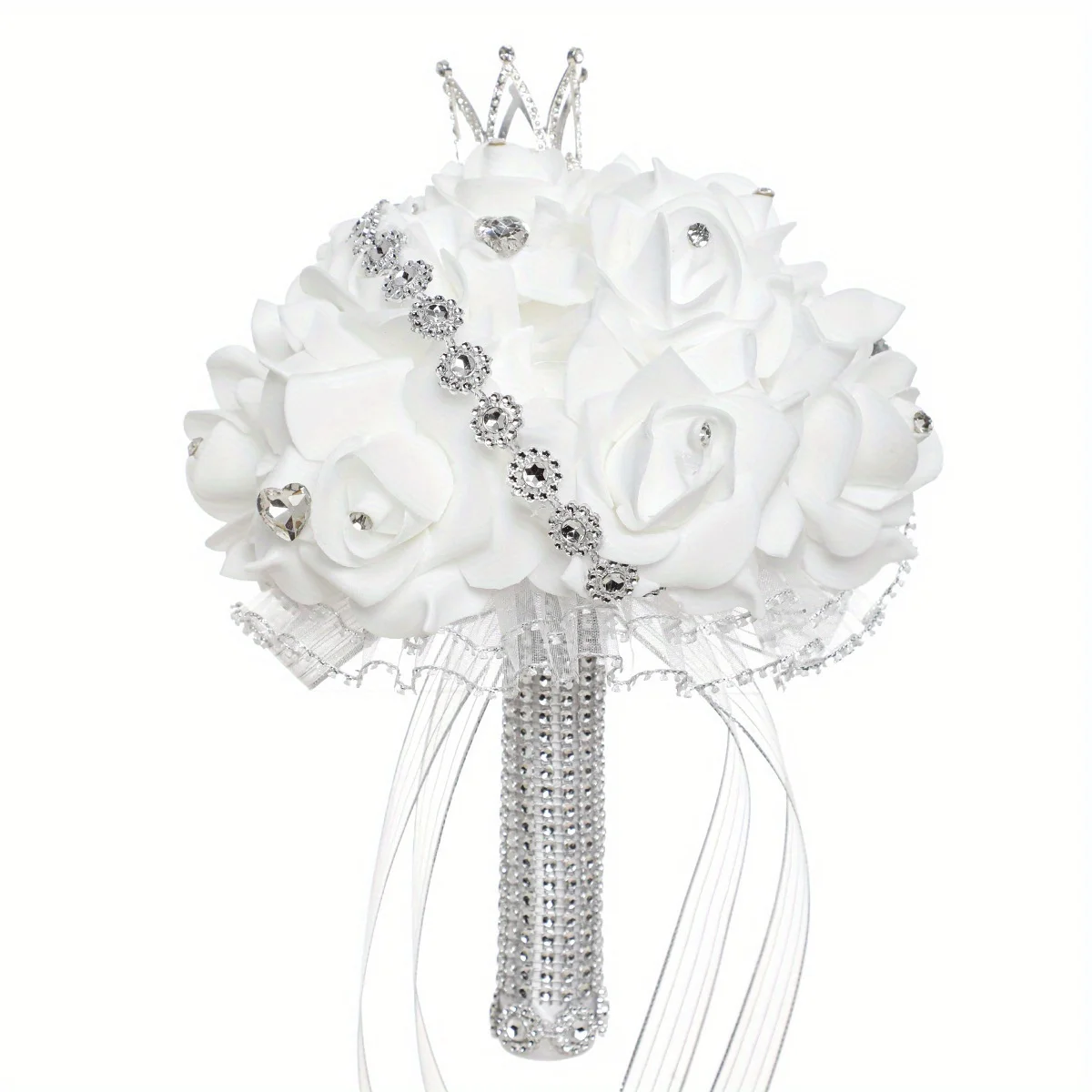 Real Touch Wedding Bouquet White Roses Crystal Bling Handle Silk Bridal Flowers