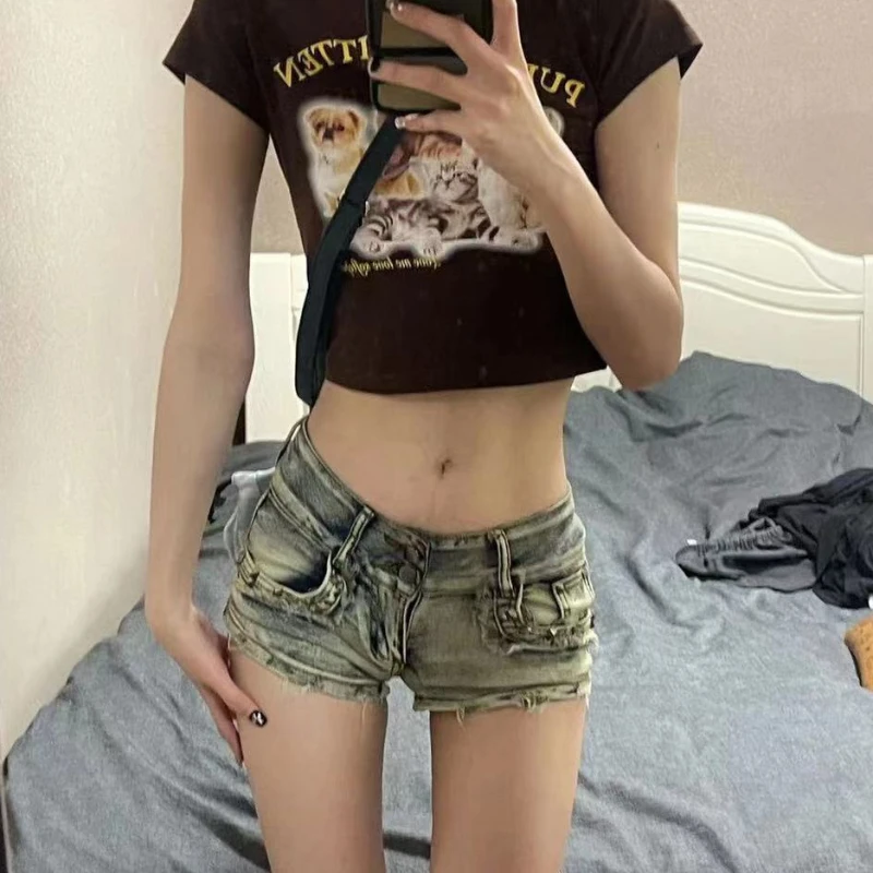 Sexy Low Rise Denim Super Shorts Women's Summer Elastic Slim Skinny Rivet Vintage Blue Short Jeans Y2k Fashion Spicy Girls Pants