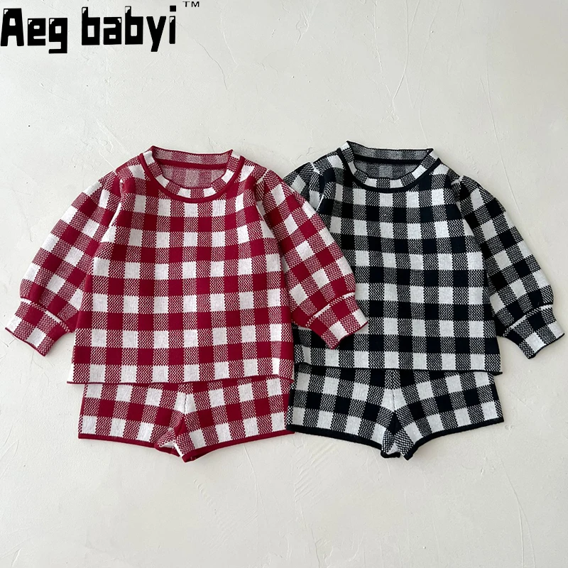

Autumn Baby Clothing Set Infant Clothes Lantern Sleeve Plaid Sweater Top + Shorts 2Pcs Toddler Girls Sweater Suit Baby Knitwear
