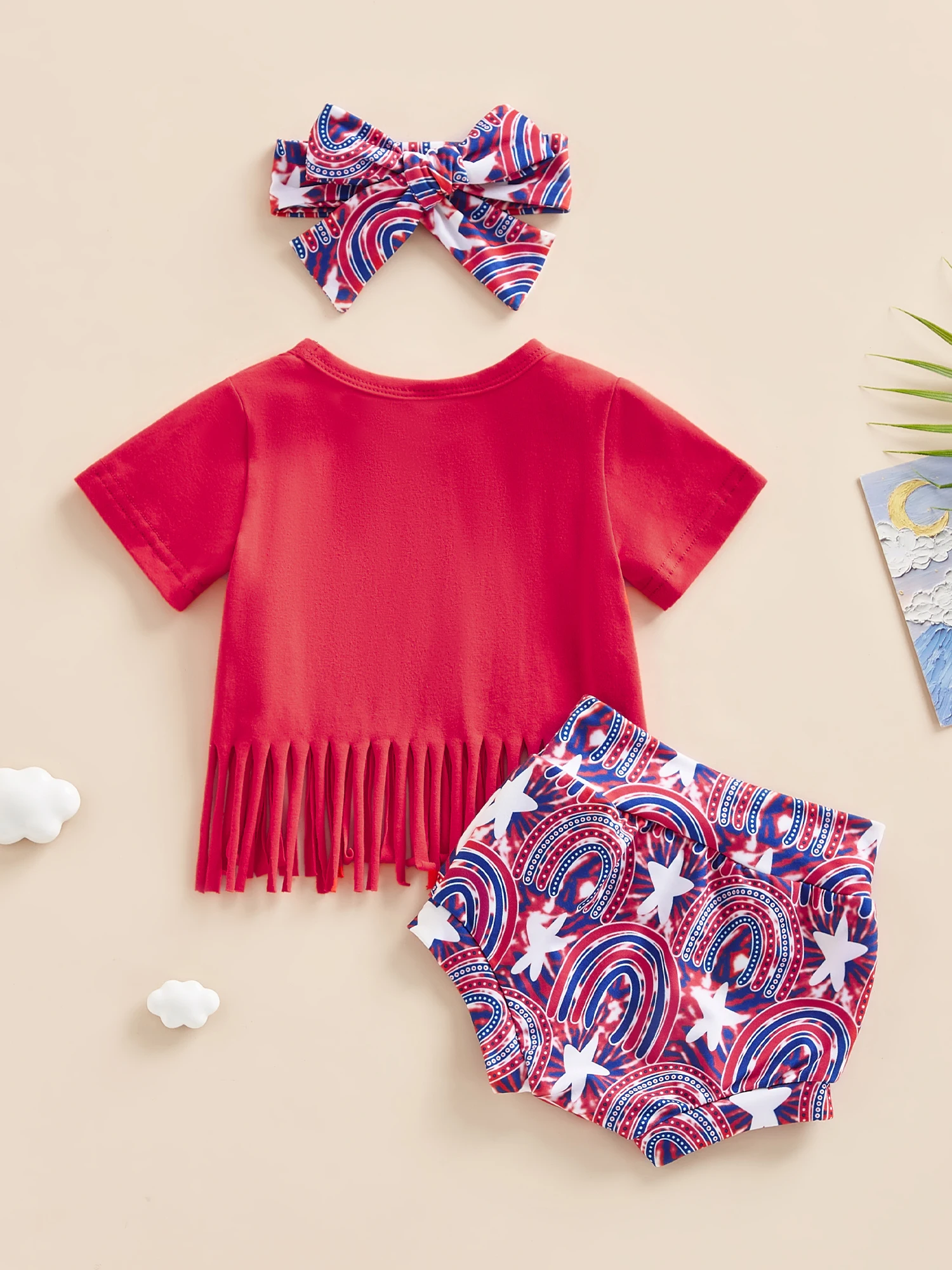 

Комплект одежды для маленьких девочек 4 июля, футболка с коротким рукавом, топ, шорты, повязка на голову с кисточками и американским флагом, комплект патриотической одежды из 3 предметов (B-Red)