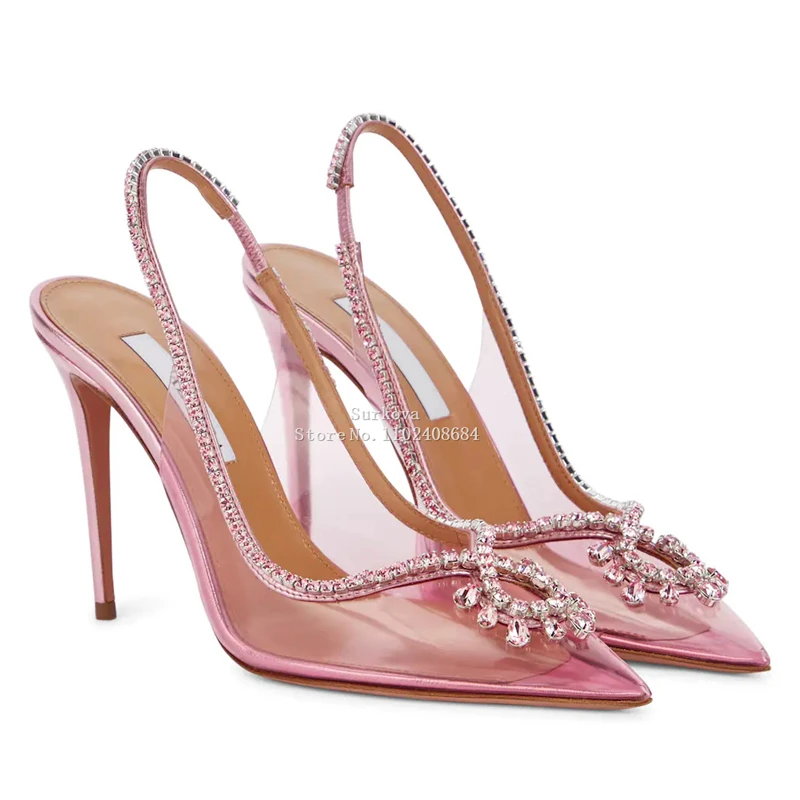

Crystal Sexy Pointy Toe Hollow Sandals Studded Solid Pvc Slingback Ankle Strap Pumps Stiletto Heels Summer Party Wedding Shoes