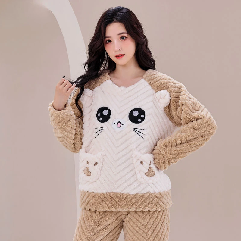 Brand Print Autumn Winter Warm Sleepwear Sets Women Pajamas Pajamas Set Large Size Pajamas Korean Hooded Zipper Pocket Thick