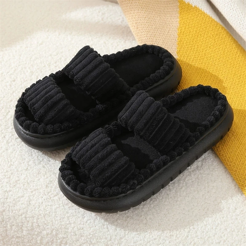Double Straps Women's Home Slippers Fashion Corduroy Thick Bottom Cotton Slippers for Women Non Slip Indoor Bedroom Warm Slides