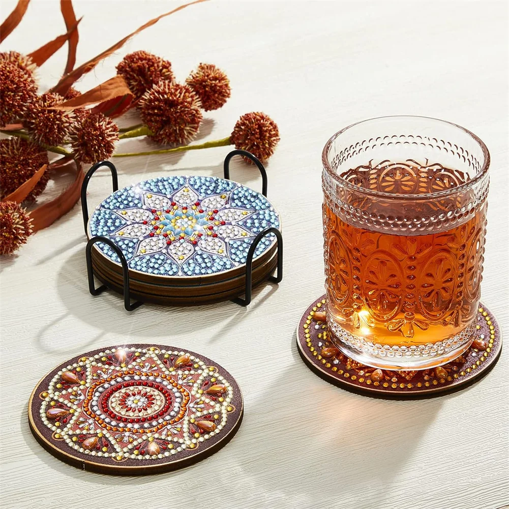 Diamond painting diamond painting accessories diamond painting coasters 5Pcs Mandala diamond coasters kit with holder 5D full drill diamond DIY art coasters party home decoration