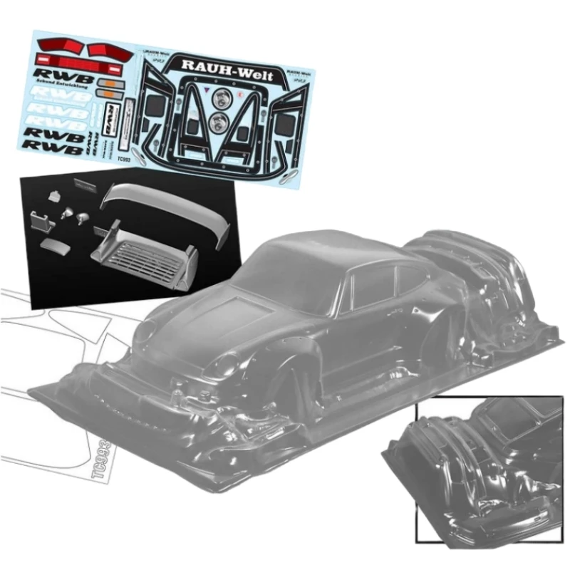 

Scale 1/10 Porschee RWB 993 Clear Body shell With Rear spoiler and Light Buckles + color Decal for RC Drift car Tamiya tt02 tt01