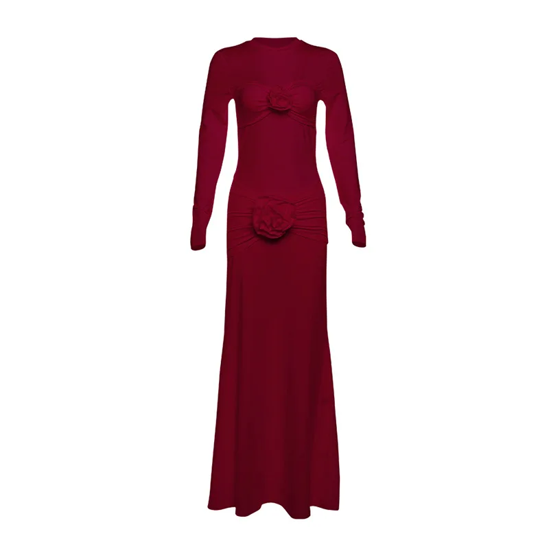 Sexy Slim Ruched Flower Maxi Dress For Women Long Sleeve Solid Party Streetwear Outfits Elegant High Elasticity Dresses