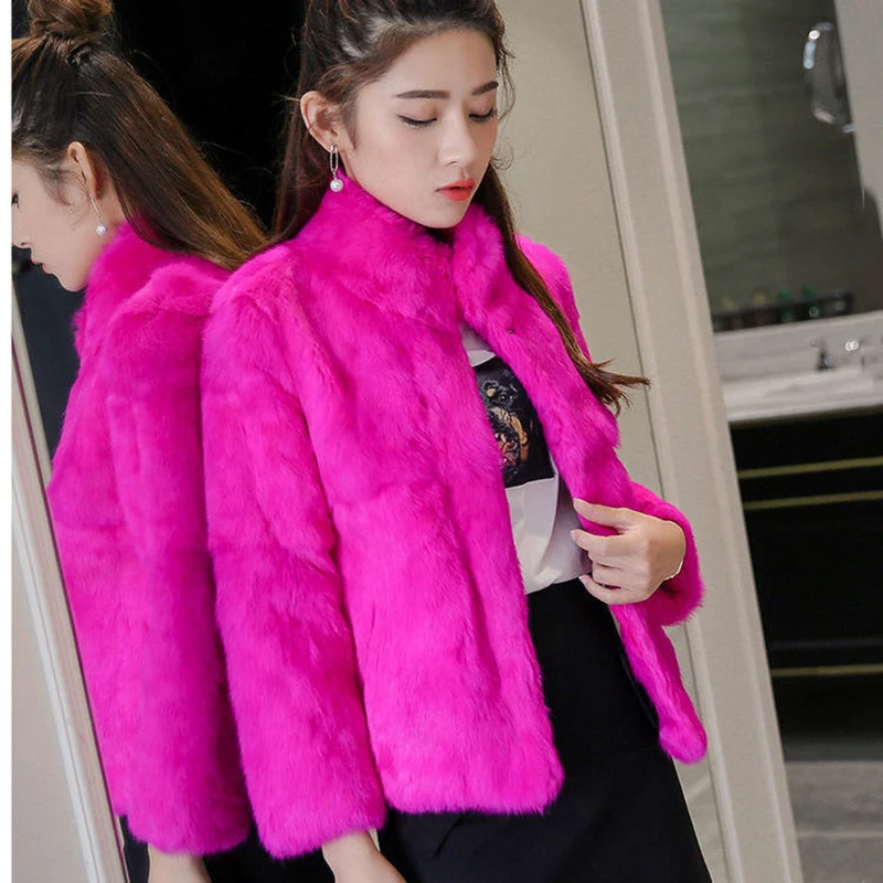 Women Cropped Fur Coat 2024 Korean Style Stand Collar Imitation Mink Fur Jacket Solid Colors Faux Rabbit Autumn Winter Outwear
