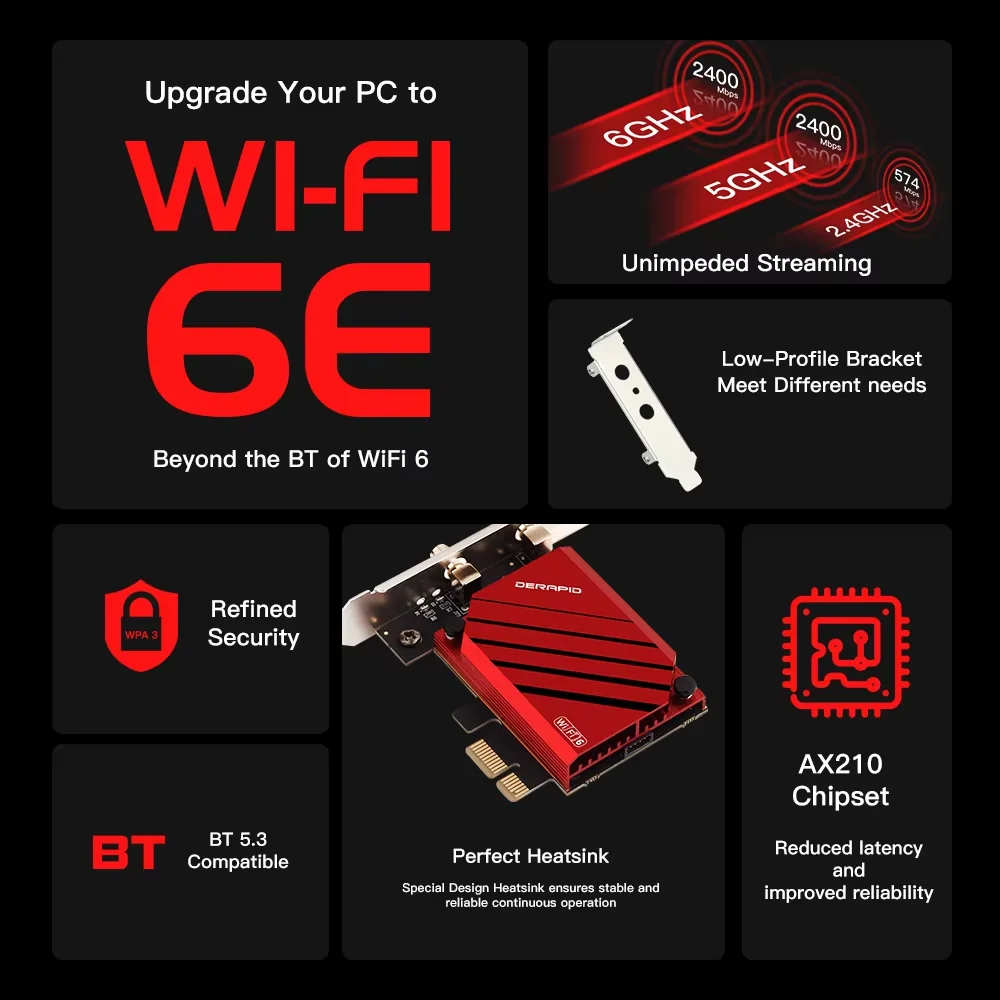 AX210 WiFi 6E PCIe 무선 어댑터 블루투스 5.4 트라이 밴드 2.4G 5G 6GHz 802.11ax MU MIMO 네트워크 카드 (윈도우10/11 데스크탑 PC용)