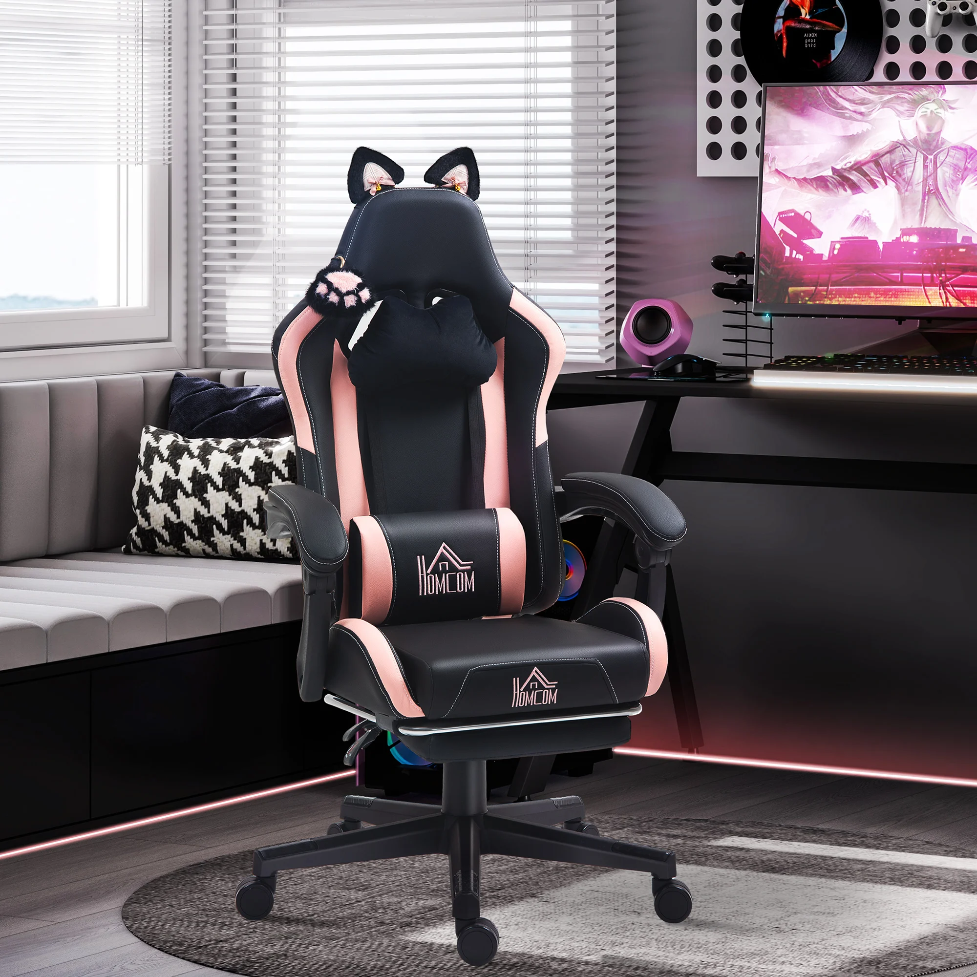 Cute Racing Gamer Chair, Faux Leather Gaming Chair with Footrest, Headrest and Lumbar Support, Black 2