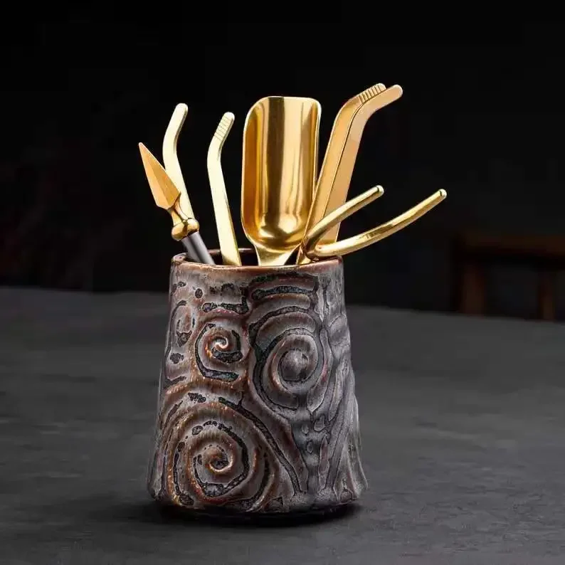 Copper and Aluminum Tea Ceremony Five-Piece Set Tea Spoon Cup Pen Clamp Set Color Aluminum