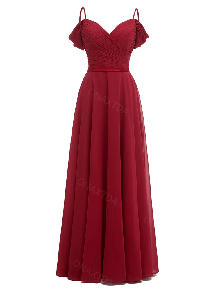 

Chiffon Maxi Bridesmaid Dress for Women Spaghetti Straps Short Sleeves Formal Evening Party Gown A Line Ruched Prom Dress ON87