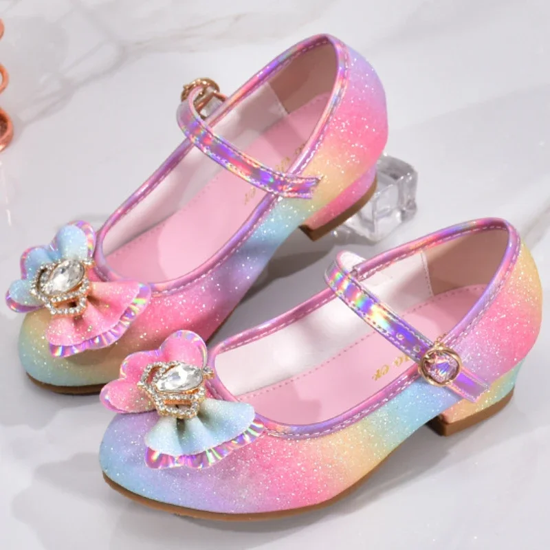 Girls Rhinestone Crown Leather Shoes Fashion Glitter Bow-knot Kids High Heels Shoes Children Princess Shoes for Party Wedding