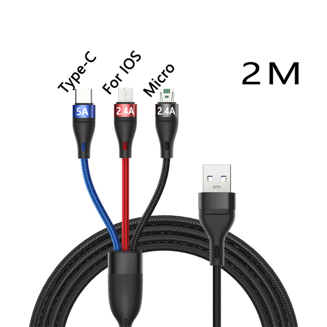 in 1 Cable For iPhone Samsung Type-c Mobile Phone Multi-function Usb One Dragging Three Data Charge Cord 1.2M/2M