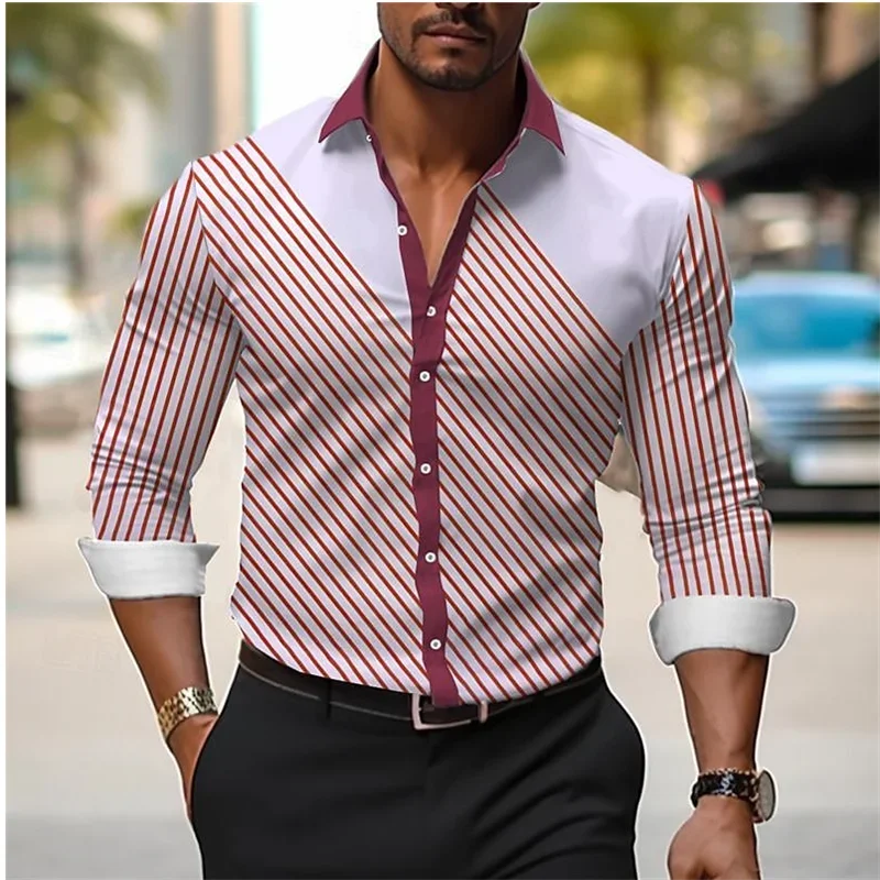 Men's Line Plaid Shirt High Quality Lapel Long Sleeve Men's Social Shirt Luxury Clothing Slim Prom Shirt Large Size XS-6XL