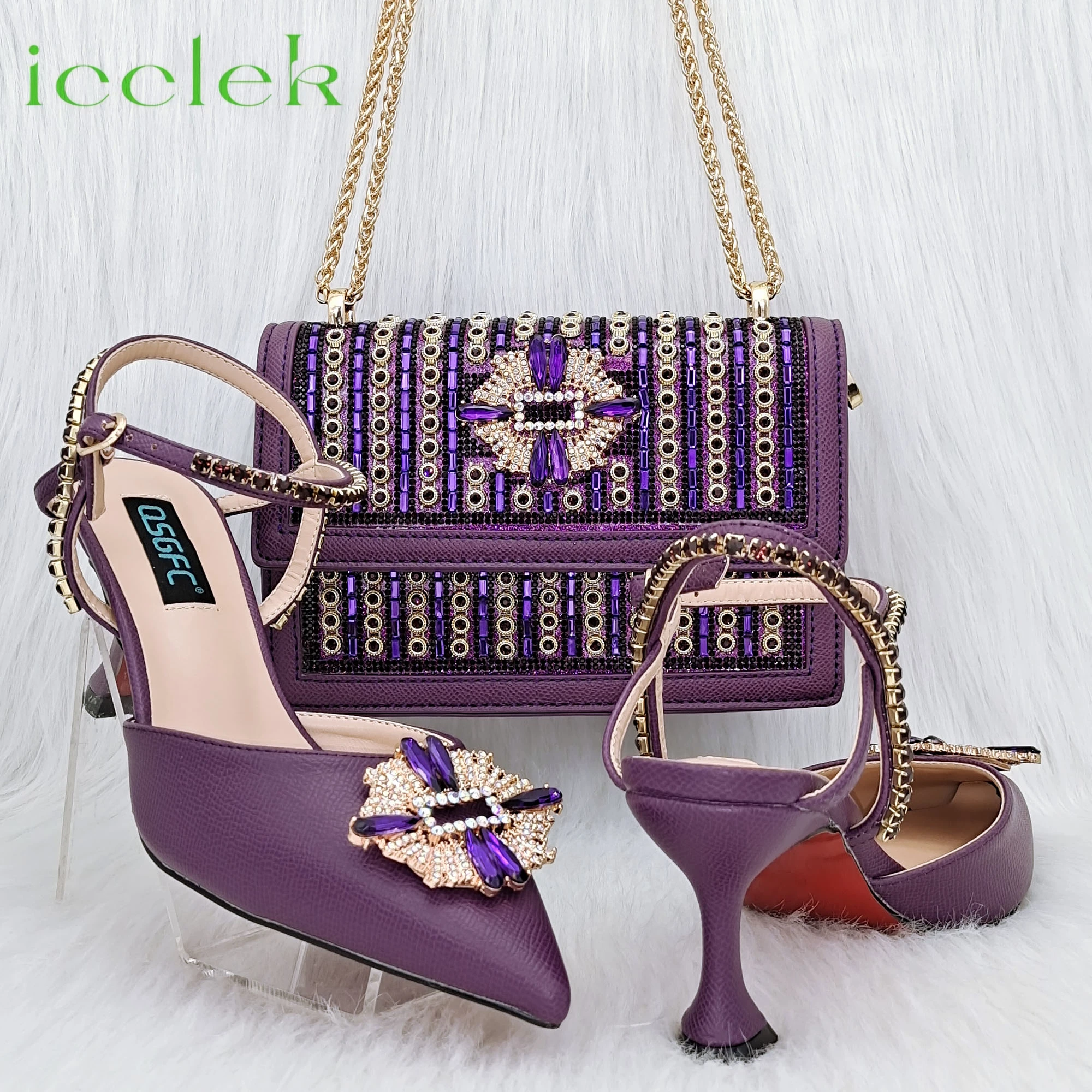 

Latest Ladies Thin Heels Shoes and Bag Set Decorated with Rhinestones in Purple Color For Women Party Pump