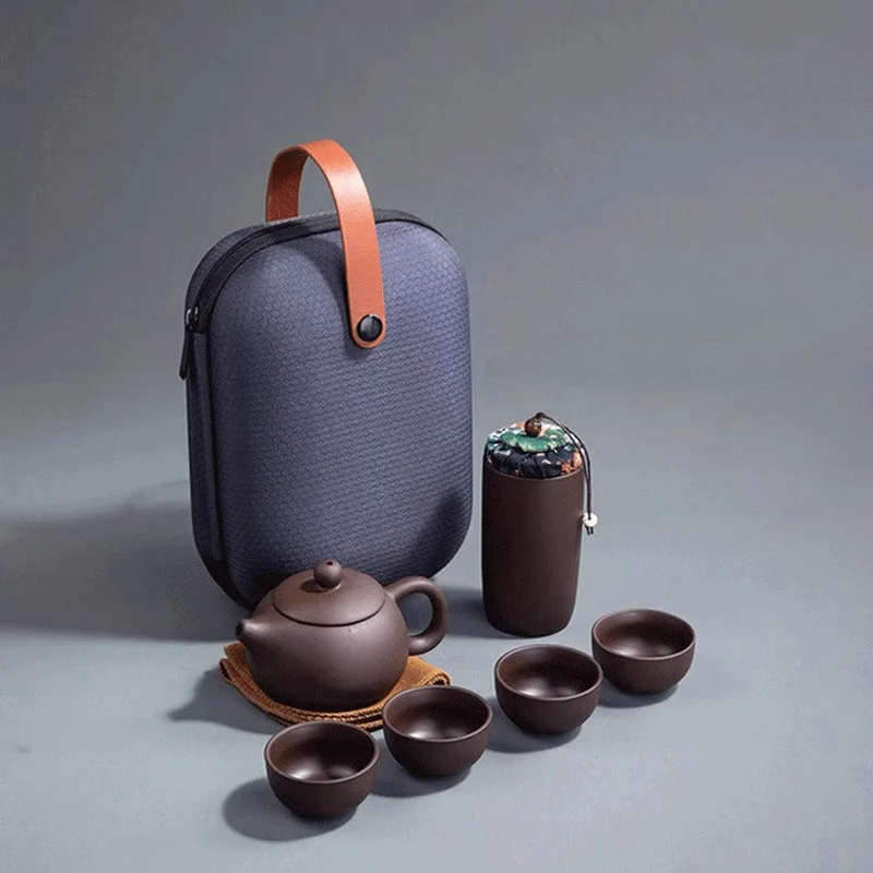 HMLOVE Purple Sand Tea Set Chinese Kung Fu Portable Travel Teaware Ceremony Puer Kettle Clay Pot 4 Cups Tea Can