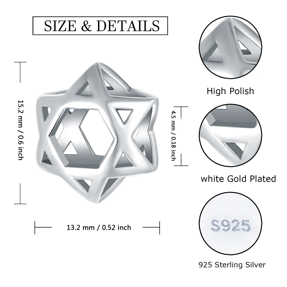 Xiaojing 925 Sterling Silver Star of David Israel's Hollow Beads Charms for Women Fit Original European Bracelets Jewelry Gifts 6