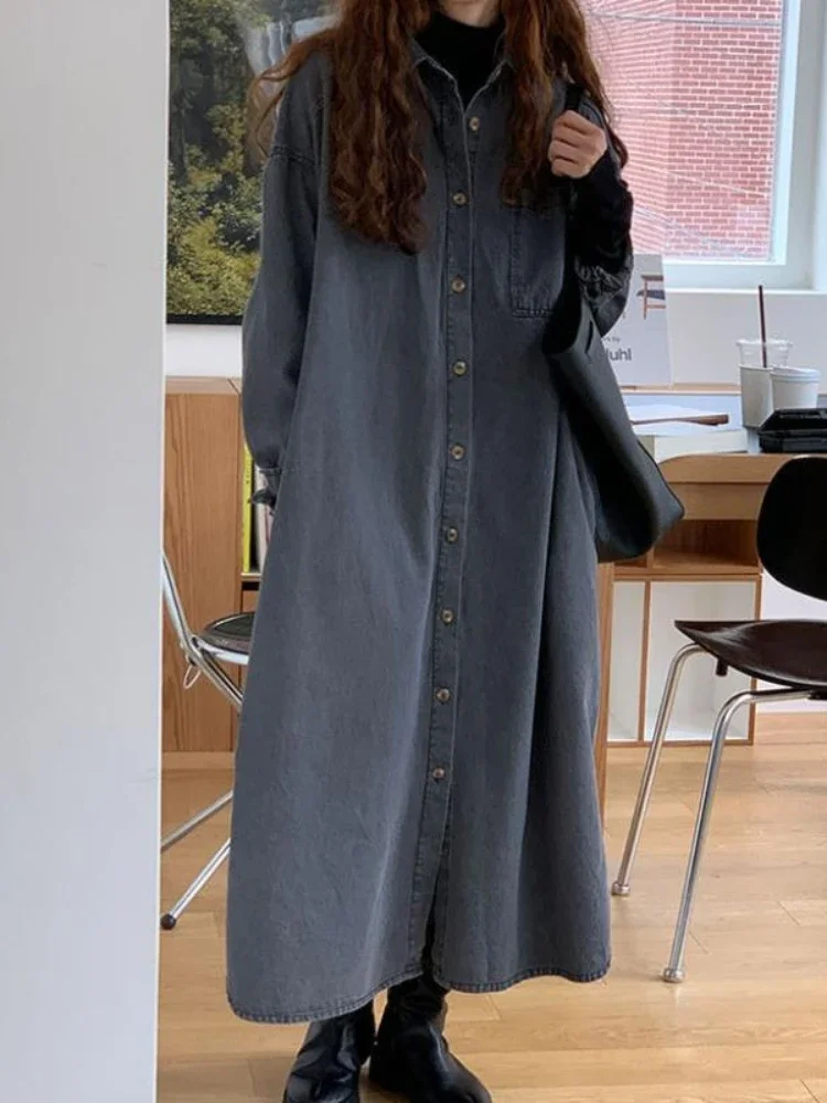 

Dresses for Women 2024 Autumn New Korean Fashion Casual Dress Sense of Design Turn-down Collar Robe LOOSE Cowboy Long Dresses