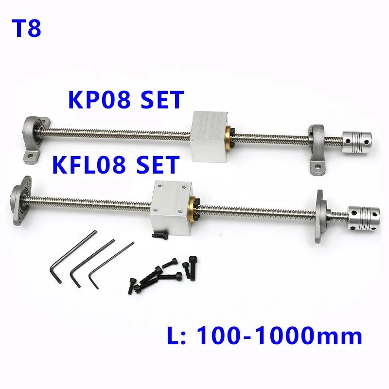 ชุดสกรูตะกั่ว T8 แบบแนวนอน/แนวตั้ง ชุดแกนสกรู ระยะพิทช์ 2 มม. ความยาว 8 มม. 100 มม.-1000 มม. อุปกรณ์เสริมสำหรับเครื่องพิมพ์ 3 มิติ และเครื่อง CNC 1