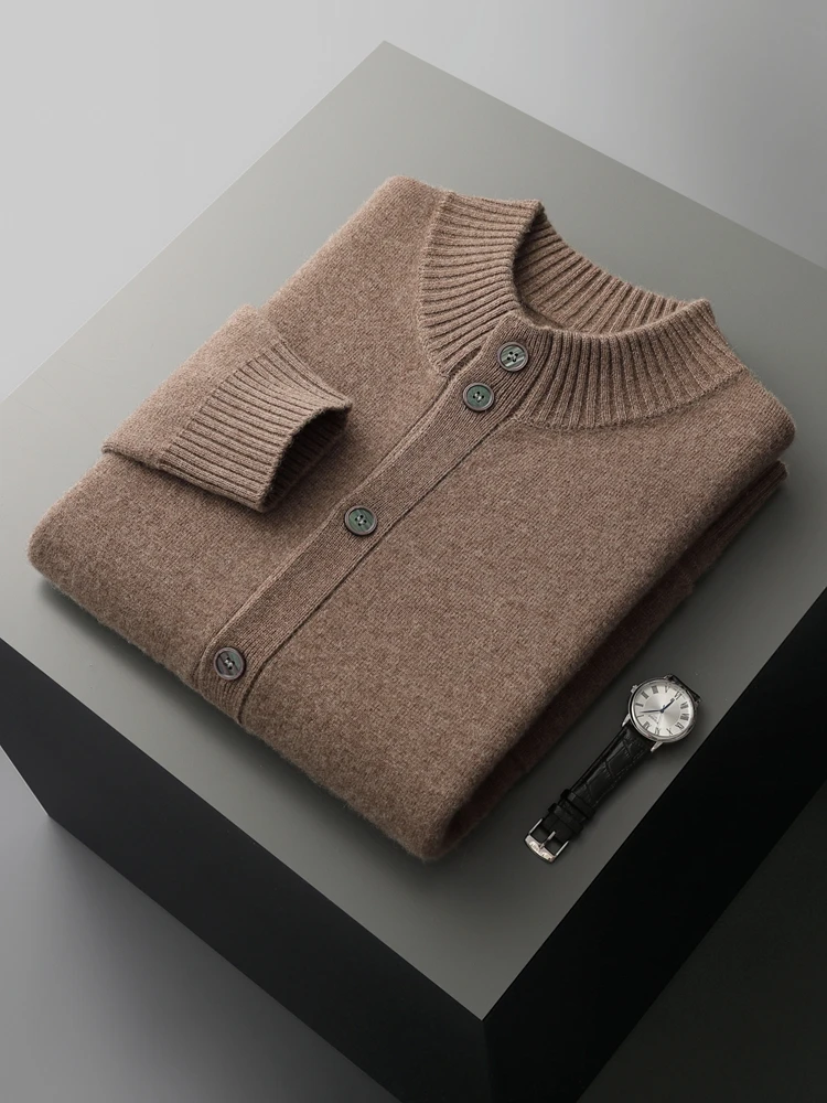 ANGEL Men's 100% Cashmere Sweater Coat Mock Neck Thick Cardigan Buttons Smart Casual Autumn Winter Cashmere Knit Clothing Top 6