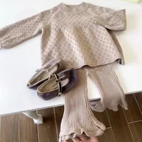 Korean Style Kids Sweater And Trousers Set Pure Color Knitted Fashionable Retro Girls Outfit Autumn Winter Trendy Clothing