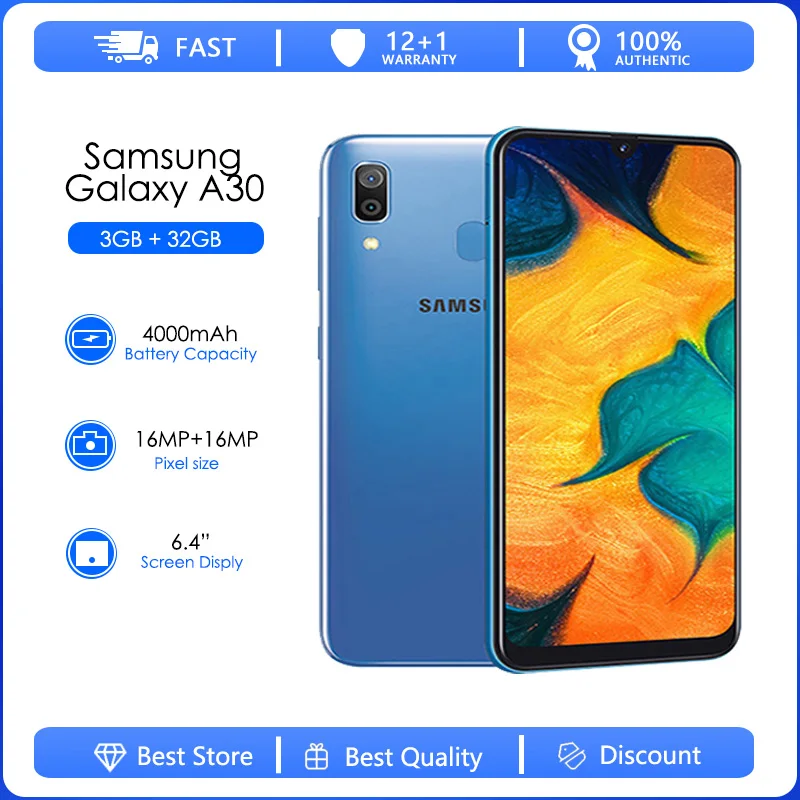 

Samsung Galaxy A30 A305F Refurbished-Original Unlocked Dual Sim Card Android Wi-Fi 16MP 6.4'' 32GB 3GB RAM Free Shipping