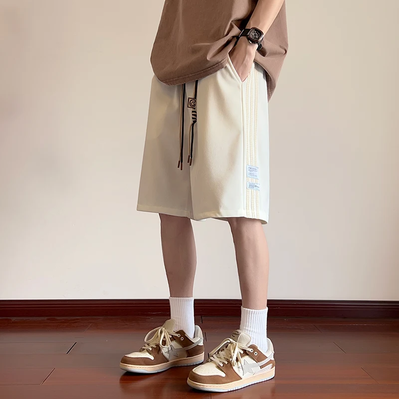 2024 New Summer Men Korean Solid Color Side Stripes Drawstring Elastic Waist Pant Street Casual Loose Comfortable Middle Pants