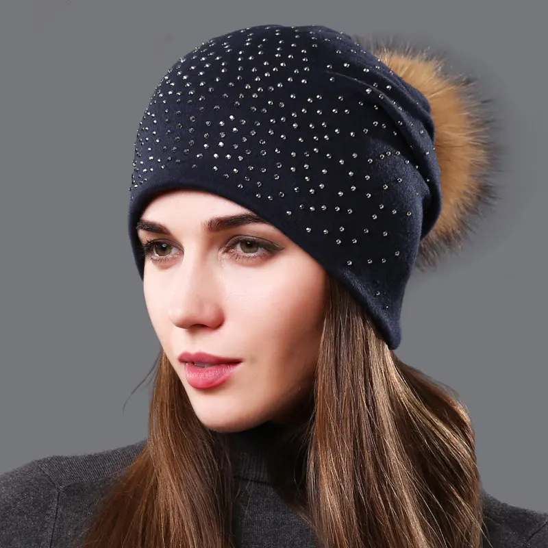 Women's Pompom Beanie Hats Autumn Winter Rhinestones Cotton Slouchy Beanies for Women Ladies Hat With Genuine Raccoon Fur Pompon 4