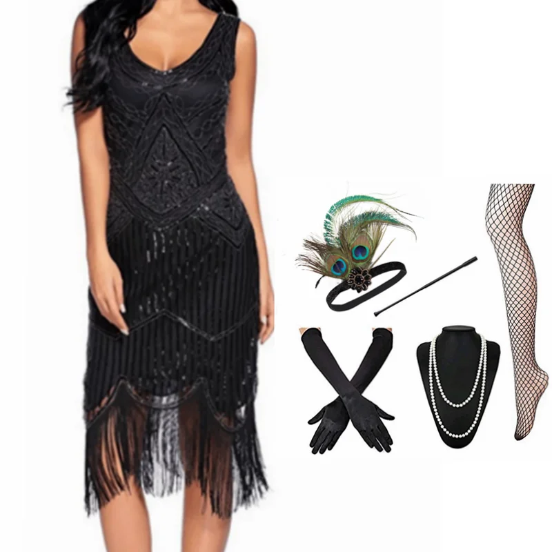 Xs-Xxxxl 1920S Dress Great Gatsby Charleston Flapper Party Paillettes Nappa Vintage Costume Cosplay Dress Robe