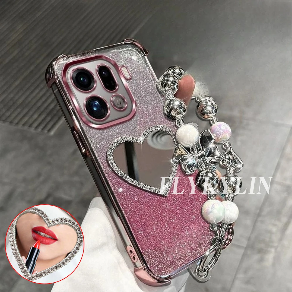 Love Mirror Anti-Drop Protective Shell with Sparkling Powder and Bracelet