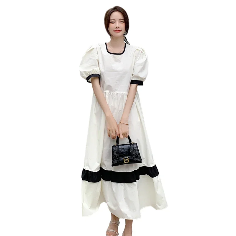 한국 스타일 임산부 빈티지 원피스 반팔 스퀘어 칼라 블록, 컬러 패치워크 임산부 코튼 린넨 원피스, 루즈