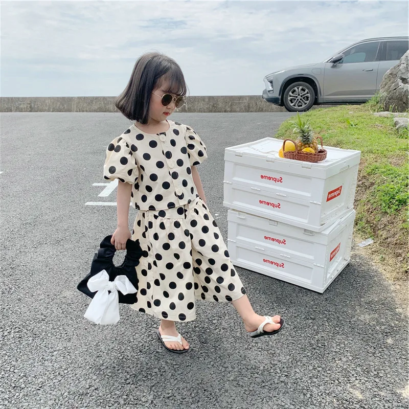 

Girls Polka Dot Cardigan Tops T-shirt and Wide-leg Pants 2pc Sets Child Summer Puff Sleeves Kids Clothes Fashion Outfits