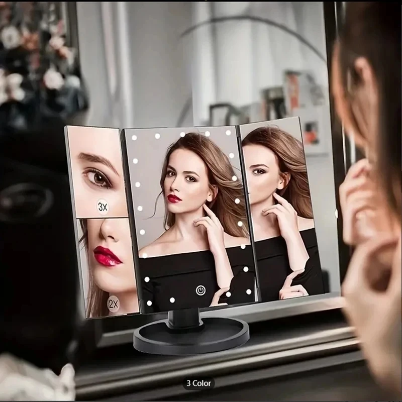Makeup Mirror 22 LED 1/2/3X Magnifying Folding 180 Rotation Stepless Dimmer With Storage Tray