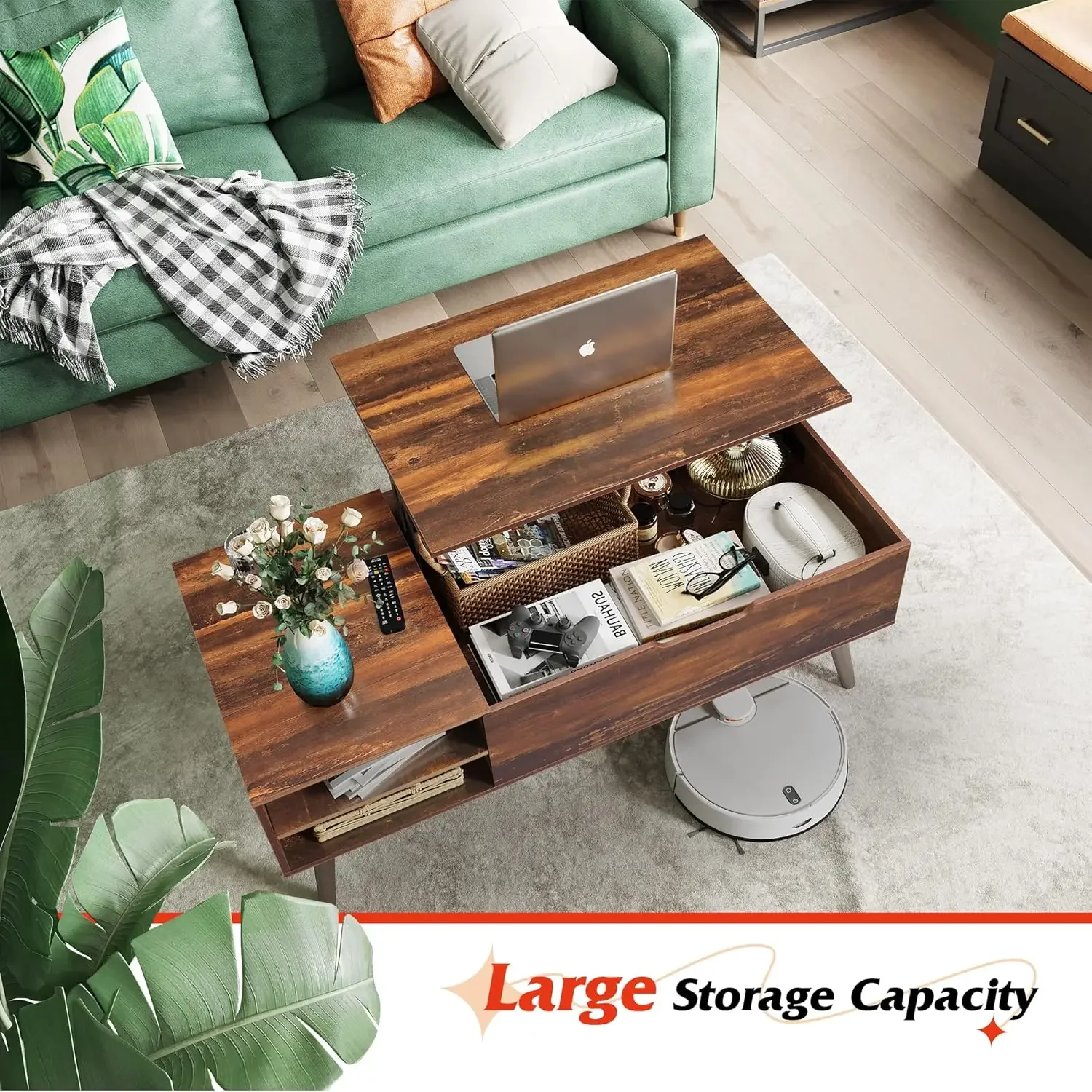 Wood Lift Top Coffee Table with Adjustable Storage Shelf and Hidden Compartment, Lift Tabletop Dining Table for Living Room 5