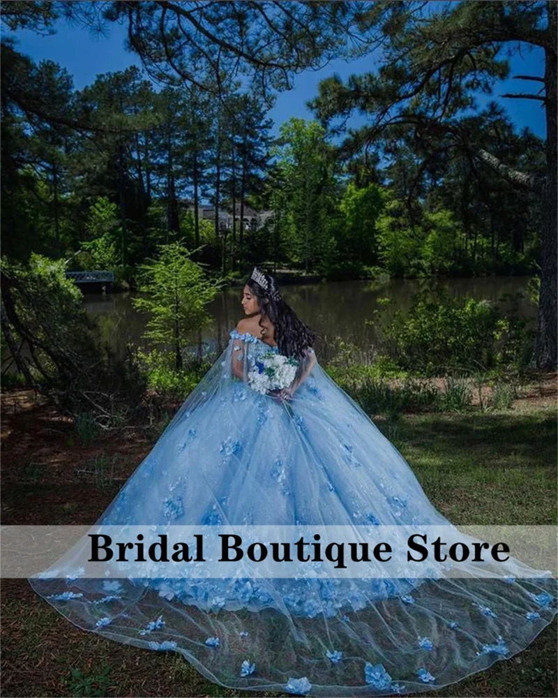 

Sky Blue Princess Ball Gown Quinceanera Dresses With Detached Cape 3D Applique Beading Sweet 16 Dress Vestidos De 15 Años Lace-U