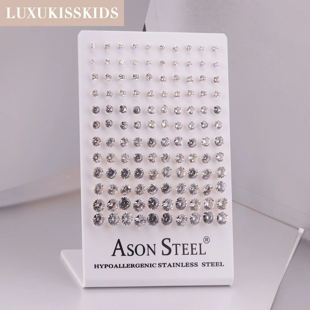 LUXUKISSKIDS 4 Claw AAA Shiny Clearly White Round CZ 60pairs Stud Earrings Set Stainless Steel Brincos Wholesale Jewelry In Bulk 5