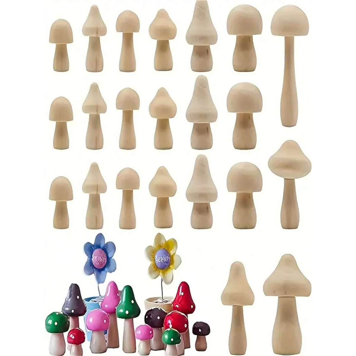 24PCS Unfinished Wooden Mushroom Figurines for DIY Crafts 1