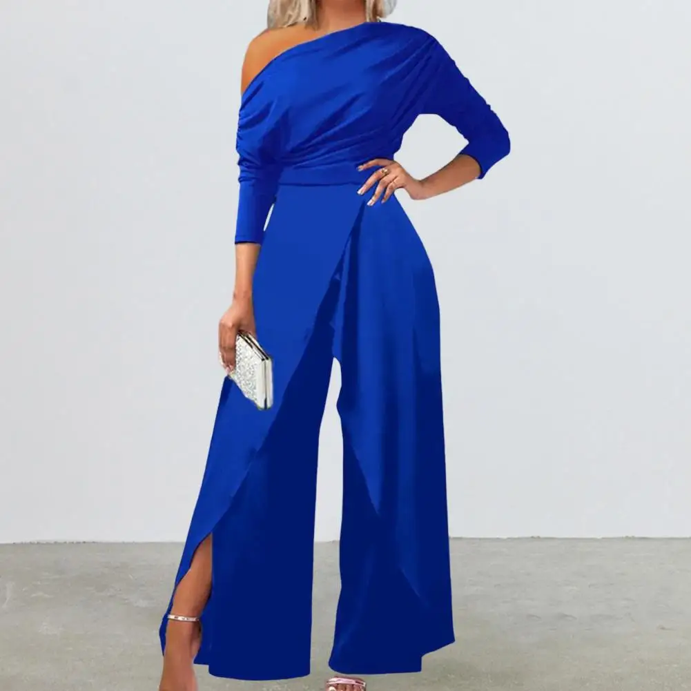 

Women Jumpsuit Skew Collar Long Sleeve Playsuit Solid Color Waist Tight Office Jumpsuit Elegant Off Shoulder Wide Leg Jumpsuit