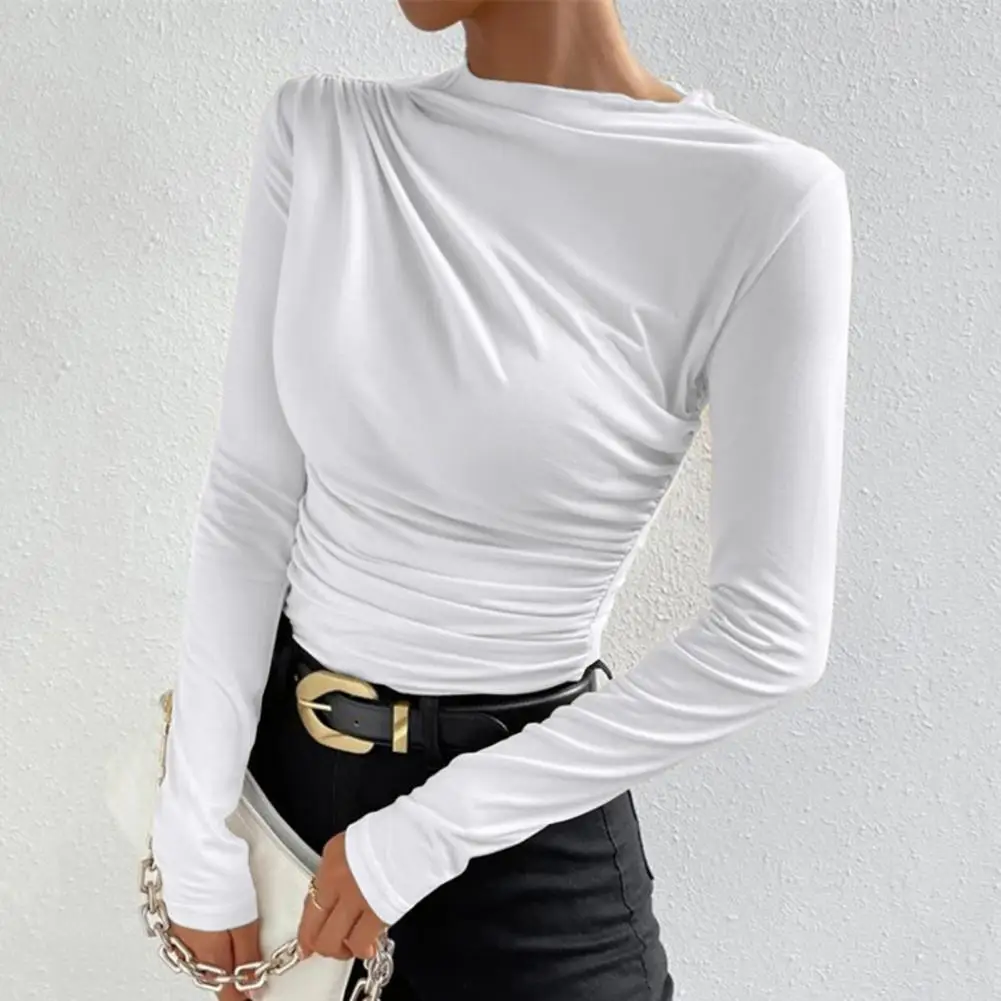 

Women Bottom Shirt Half High Collar Long Sleeve Bottoming Top Slim Fit Pleated Pullover Tops Solid Color Inner Top T-Shirt