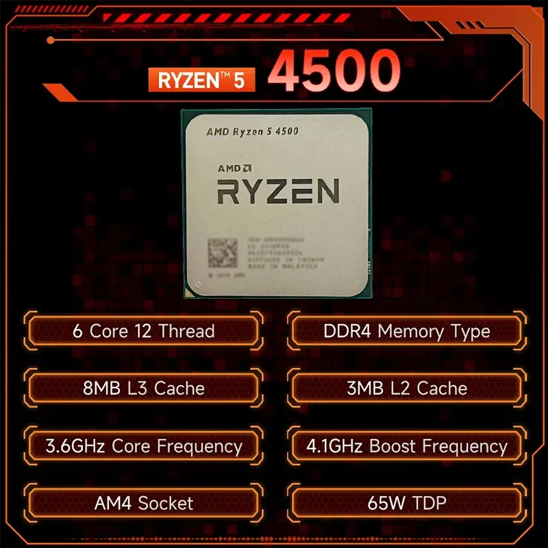 AMD 라이젠 5 4500 네이키드 패키징 소켓 AM4 6코어 12스레드 L3=8MB DDR4 프로세서 65W PCIe 3.0 7NM 새 CPU (팬 미포함)